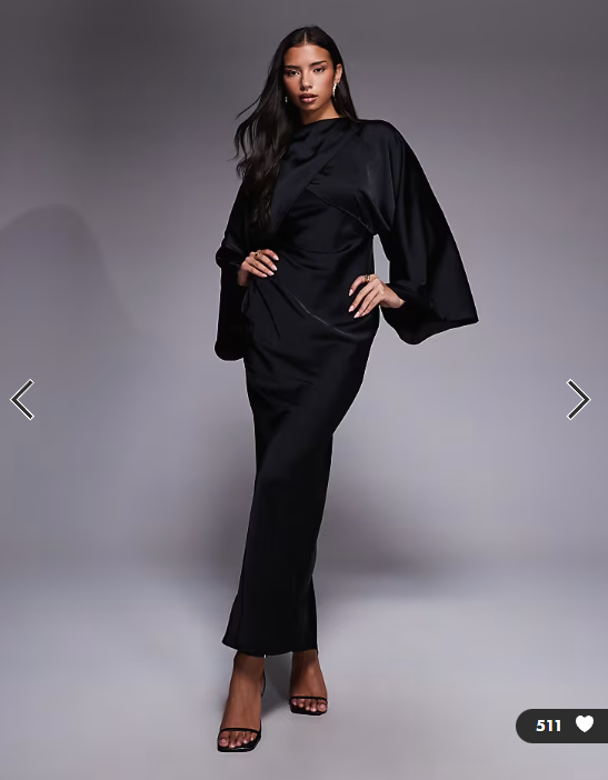 ASOS DESIGN wrap front batwing satin bias maxi dress in black