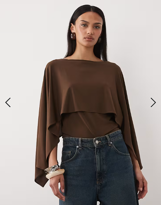 Mango round neck short sleeve top with cape detail in brown