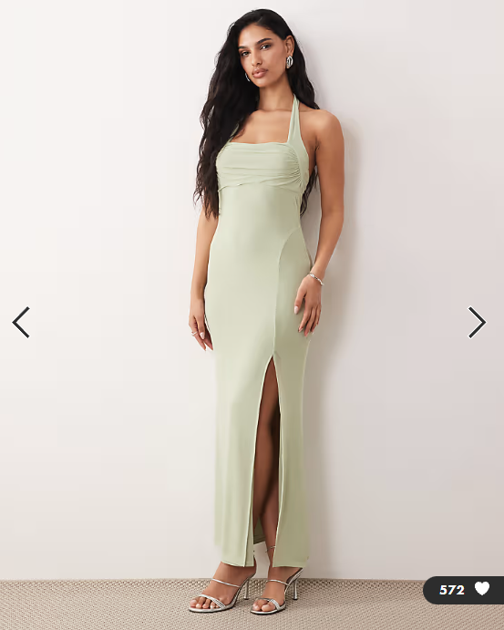 ASOS DESIGN mesh halter maxi dress with ruched bust detail in sage
