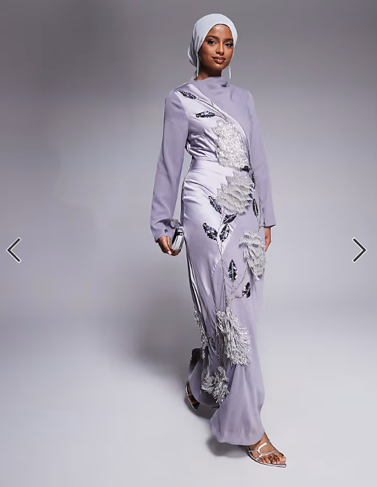 ASOS DESIGN satin chiffon mix embellished maxi dress with cowl neck in dusky purple