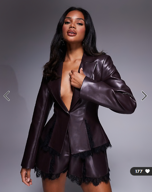 ASOS LUXE PU cinched waist blazer with lace in chocolate
