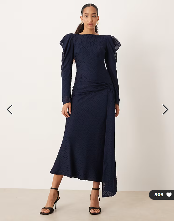 ASOS DESIGN drape shoulder maxi dress in navy textured print
