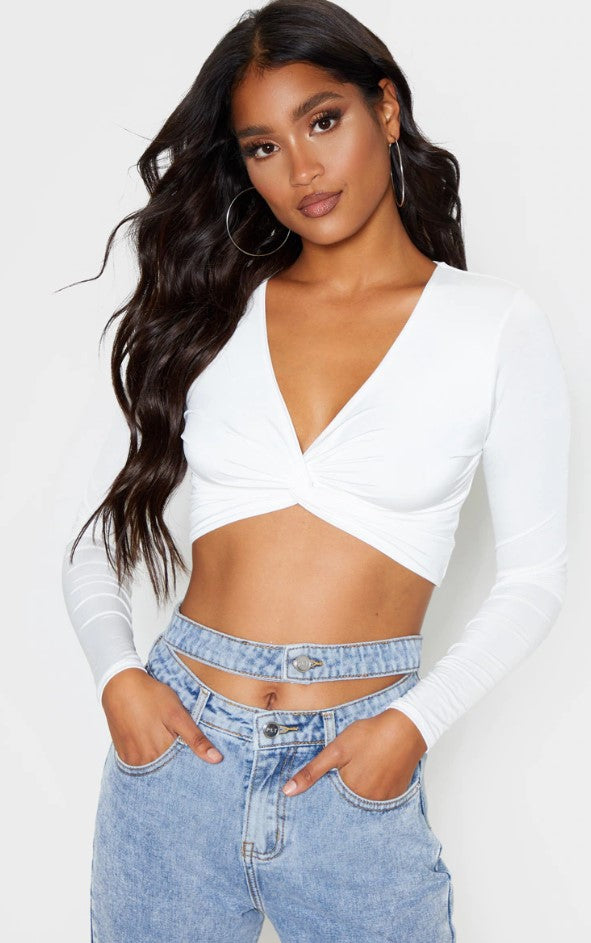 White Slinky Long Sleeve Twist Front Crop Top