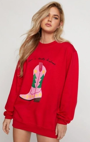 NASTY GAL - RED CLASSIC CHRISTMAS OVERSIZED SWEATSHIRT PRINT