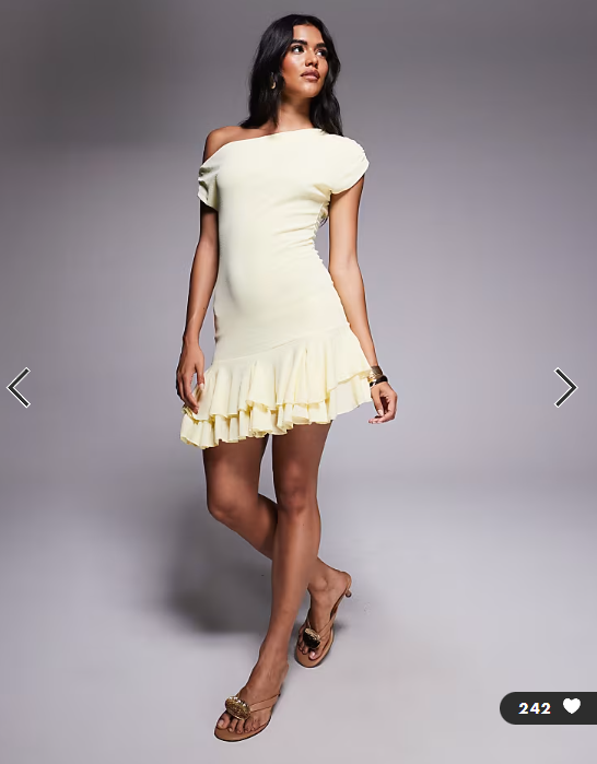 Kaiia exclusive textured mesh drape off shoulder rara hem mini dress in lemon