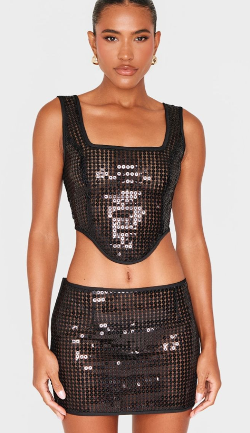 Black Chain Sequin Corset Top & Skirt - SET
