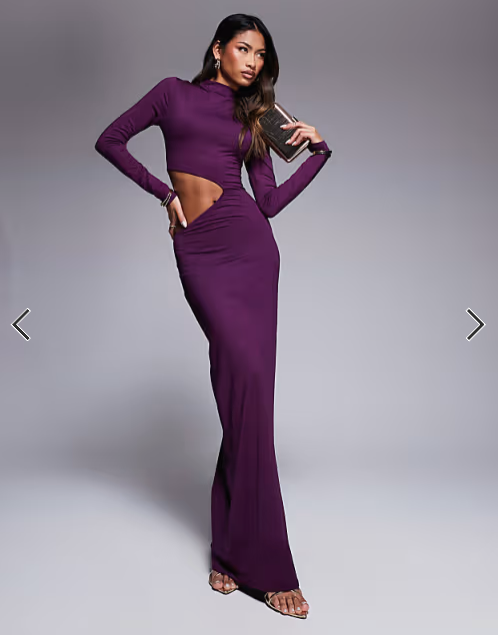 ASOS DESIGN long sleeve high neck cut out maxi dress in plum