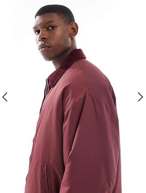 ASOS DESIGN oversized jacket with cord collar in burgundy