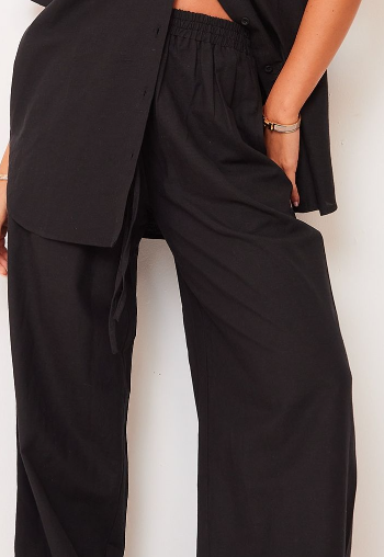 Black Linen Look Drawstring Extreme Wide Leg Trousers