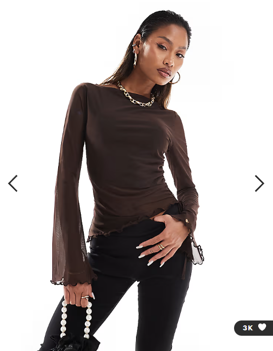 ASOS DESIGN mesh drawstring top with flute sleeve chocolate