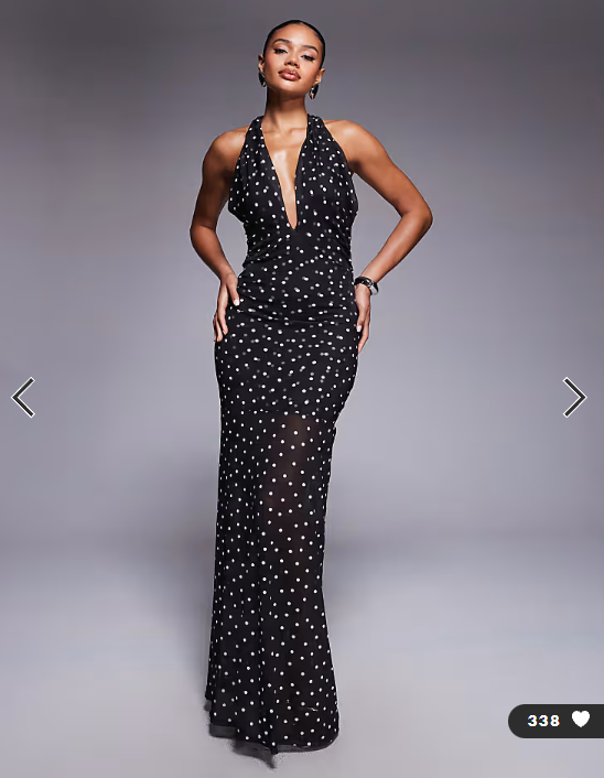 ASOS DESIGN halterneck detail mesh maxi dress with sheer skirt in polka dot print