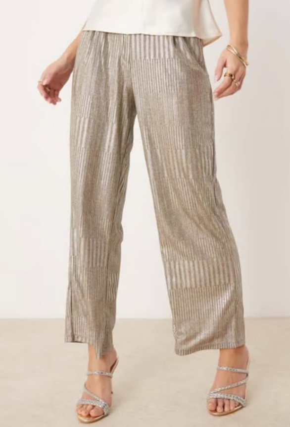 JDY Petite ribbed wide leg trousers in silver