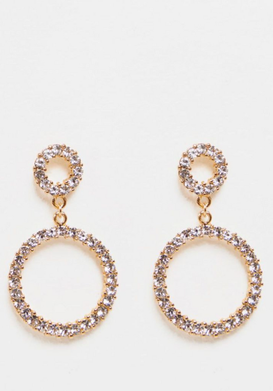 Gold Diamante Double Ring Drop Earrings
