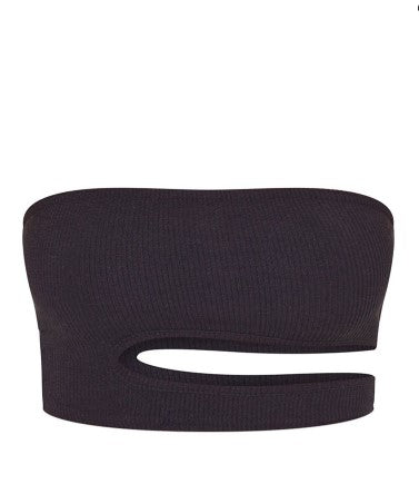 Black Crinkle Rib Cut Out Side Bandeau Crop Top