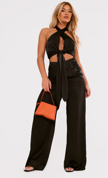 Black Satin Tie Detail Cut Out Halter Jumpsuit