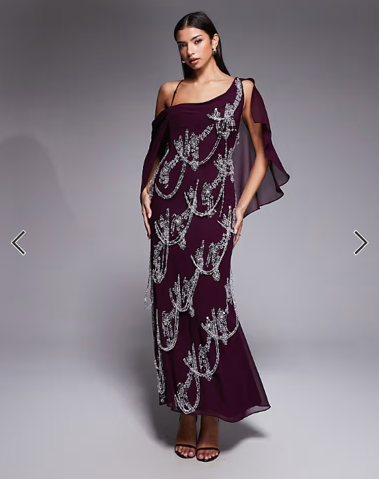 ASOS DESIGN fringe embellished bias cut maxi dress with cape sleeve in plum