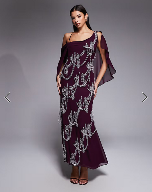 ASOS DESIGN fringe embellished bias cut maxi dress with cape sleeve in plum