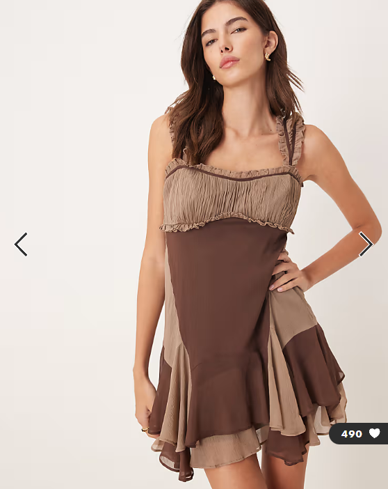 ASOS DESIGN cap sleeve contrast ribbon ruffle hem mini dress in brown