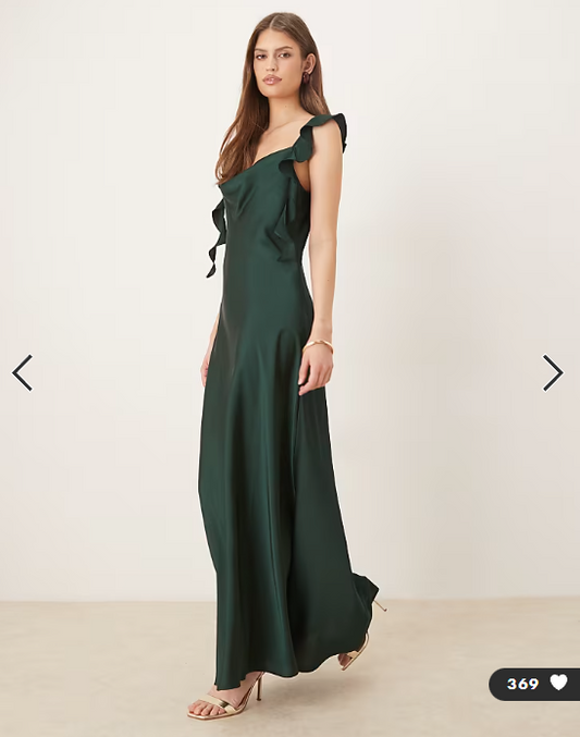 Vila cowl neck satin maxi dress with draping frill straps in scarab green