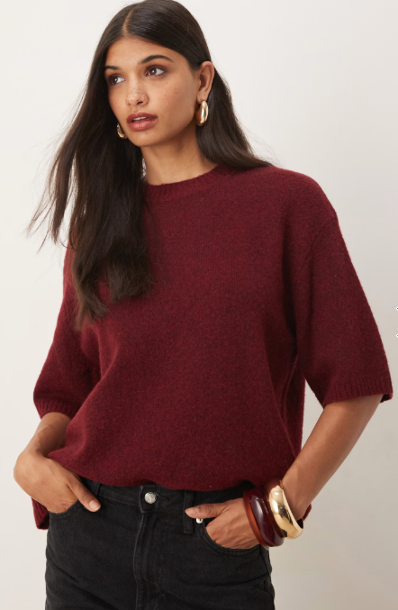 ASOS DESIGN relaxed knitted wool and alpaca tshirt in plum