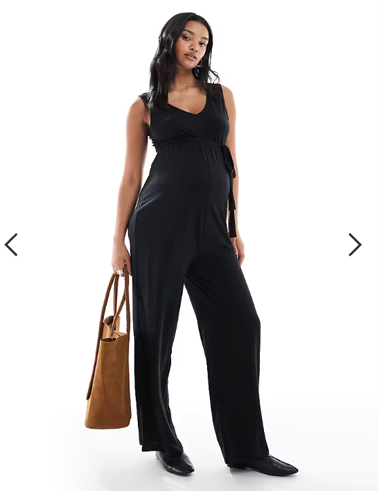 Mamalicious Maternity v neck tie waist jersey wide leg jumpsuit in black