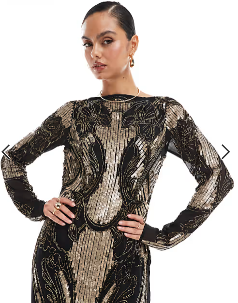 ASOS DESIGN embellished sheer long sleeve column maxi dress with open back in black and gold