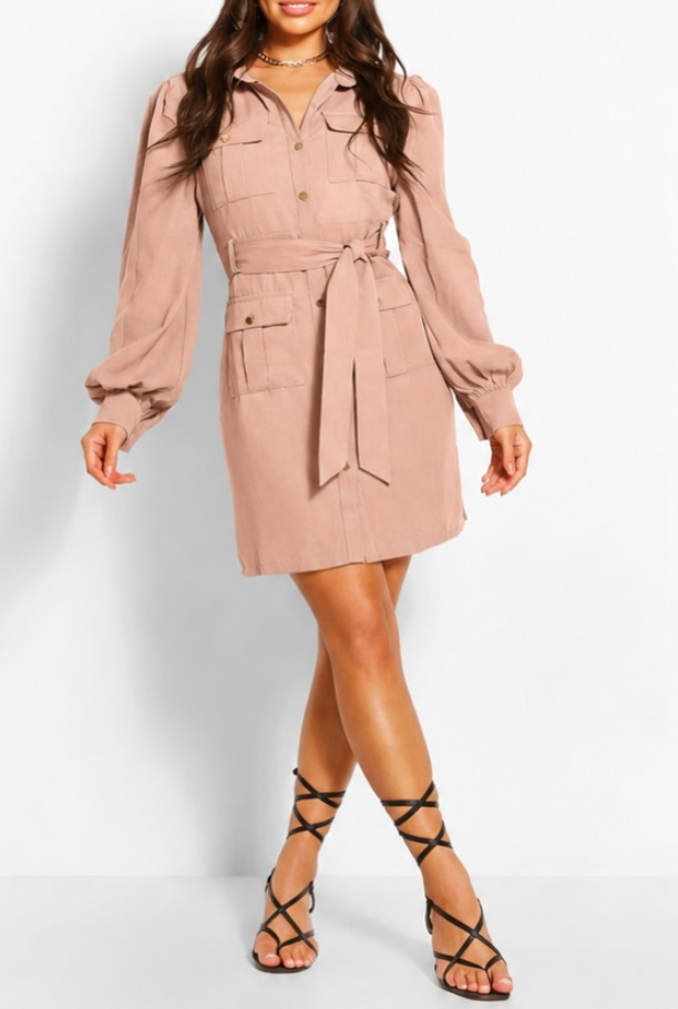 BOOHOO Utility Pocket Detail Shirt Dress Rose