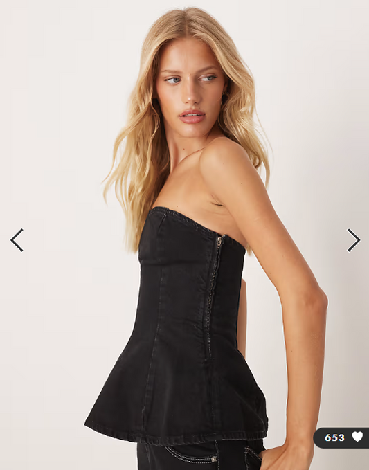 ASOS DESIGN denim structured peplum bandeau top in black