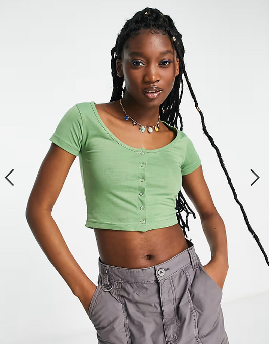 Daisy Street button front 90s crop top in soft khaki