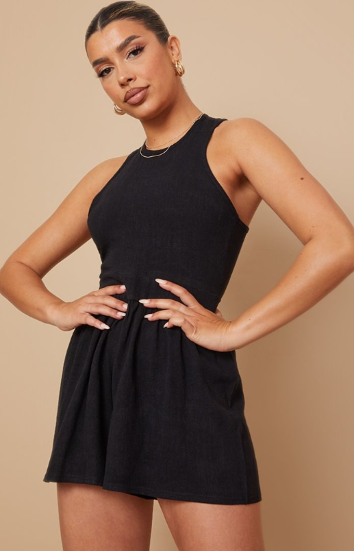 Black Racer Neck Linen Look Playsuit
