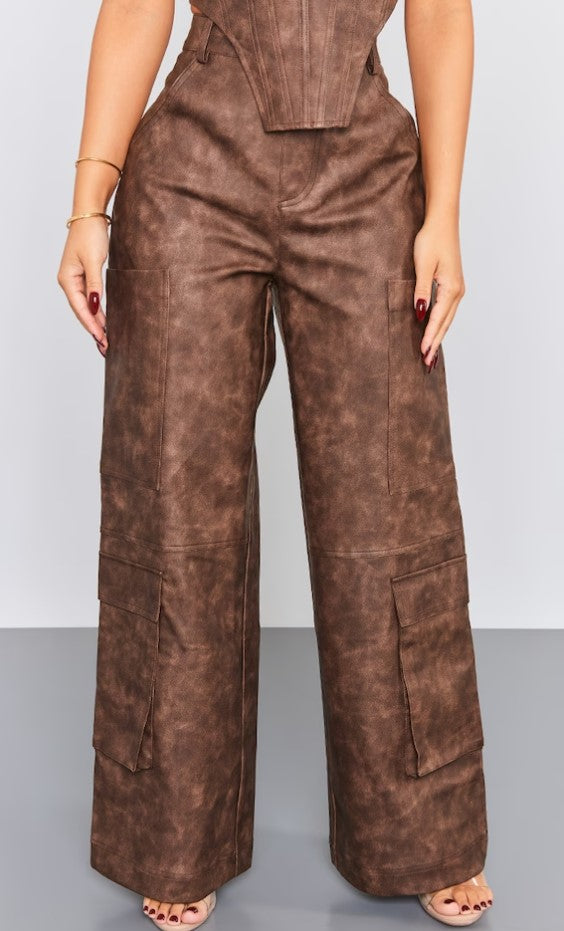 Petite Washed Brown Faux Leather Pocket Detail Pants