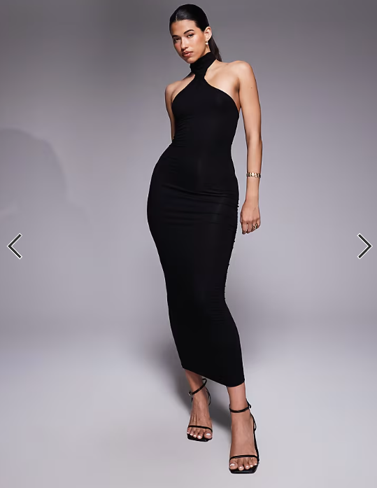 ASOS DESIGN knotted asymmetric high neck midi dress in black