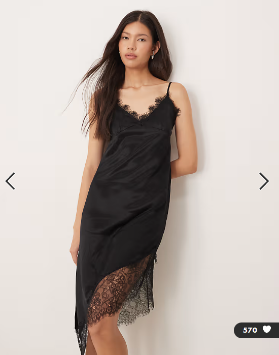 ASOS DESIGN satin lace trim asym hem maxi dress in black
