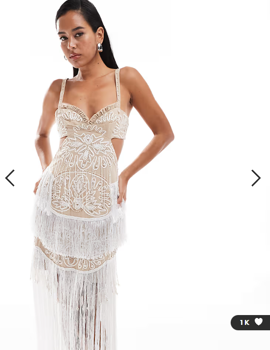 ASOS DESIGN cupped embellished cut out maxi dress with fringing in stone