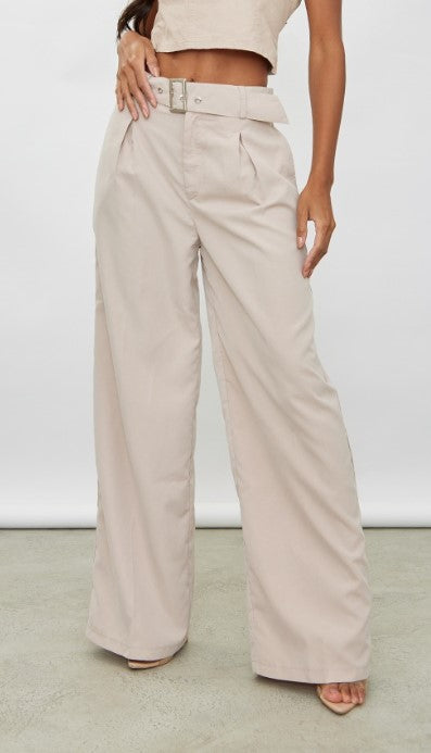 Stone Woven Belted Wide Leg Tailored Pants