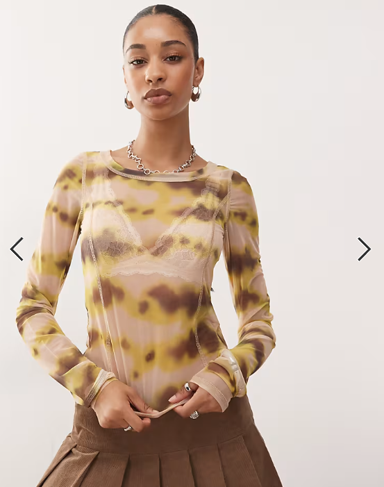 Monki mesh semi sheer long sleeve top in beige and yellow print