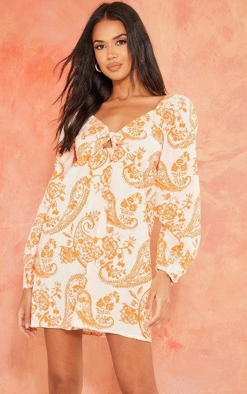 Orange Paisley Print Tie Front Bardot Shift Dress