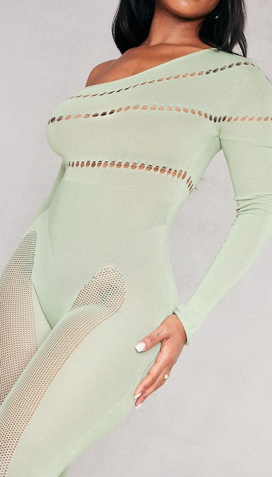 Shape Sage Khaki Bardot Knitted Hole Detailed Jumpsuit