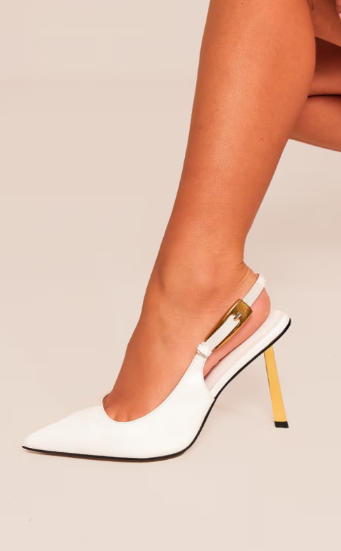 Plt - White PU Point Toe Croc Sling Back High Heeled Court Shoes