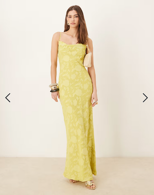 Pretty Lavish cowl neck jacquard slip maxi dress in chartreuse