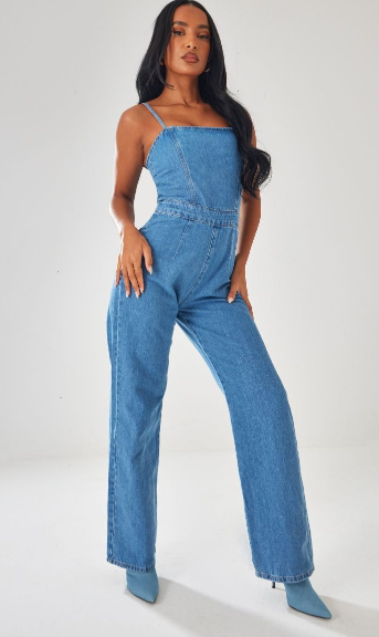 Mid Blue Wash Strappy Back Detail Denim Jumpsuit