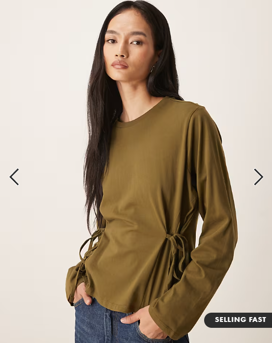 ASOS DESIGN tie waisted detail long sleeve top in khaki