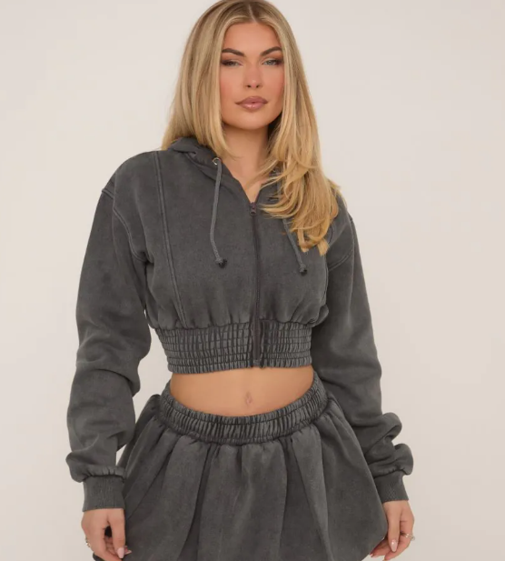 Long Sleeve Cropped Zip Up Hoodie In Grey