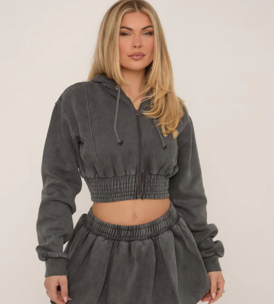 Long Sleeve Cropped Zip Up Hoodie In Grey