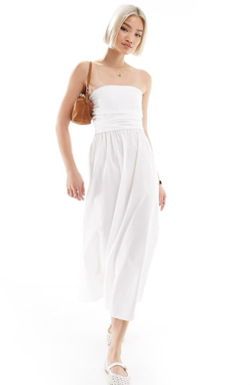 Pull&Bear - poplin ruched detail bandeau midaxi dress white