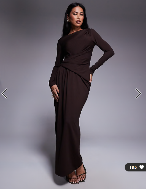 ASOS DESIGN soft touch long sleeve drape maxi dress in chocolate