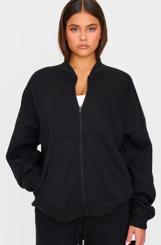 Plt - Black Oversized Zip Through Sweat Bomber Jacket