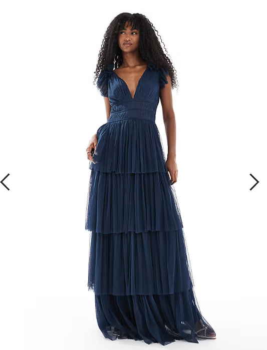 Lace & Beads Bridesmaid ruffle tiered tulle maxi dress in Navy