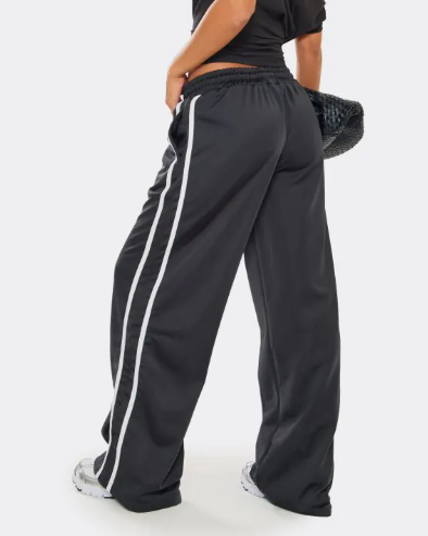 Tie Waist Contrast Stripe Track Pants In Black