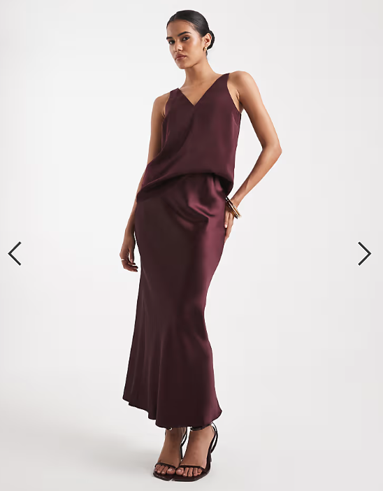 New Look satin bias midi skirt in burgundy